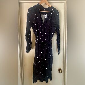 Ann Taylor Navy Long Sleeve Midi Dress with White and Brown Dots Size Large